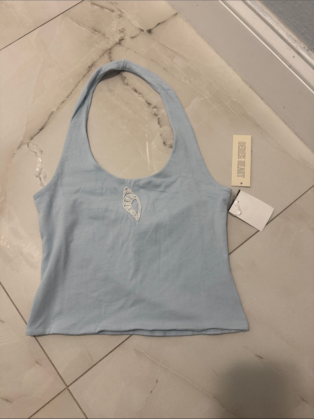 Derek Heart Pale Blue Halter Tank with Shell Embroidery